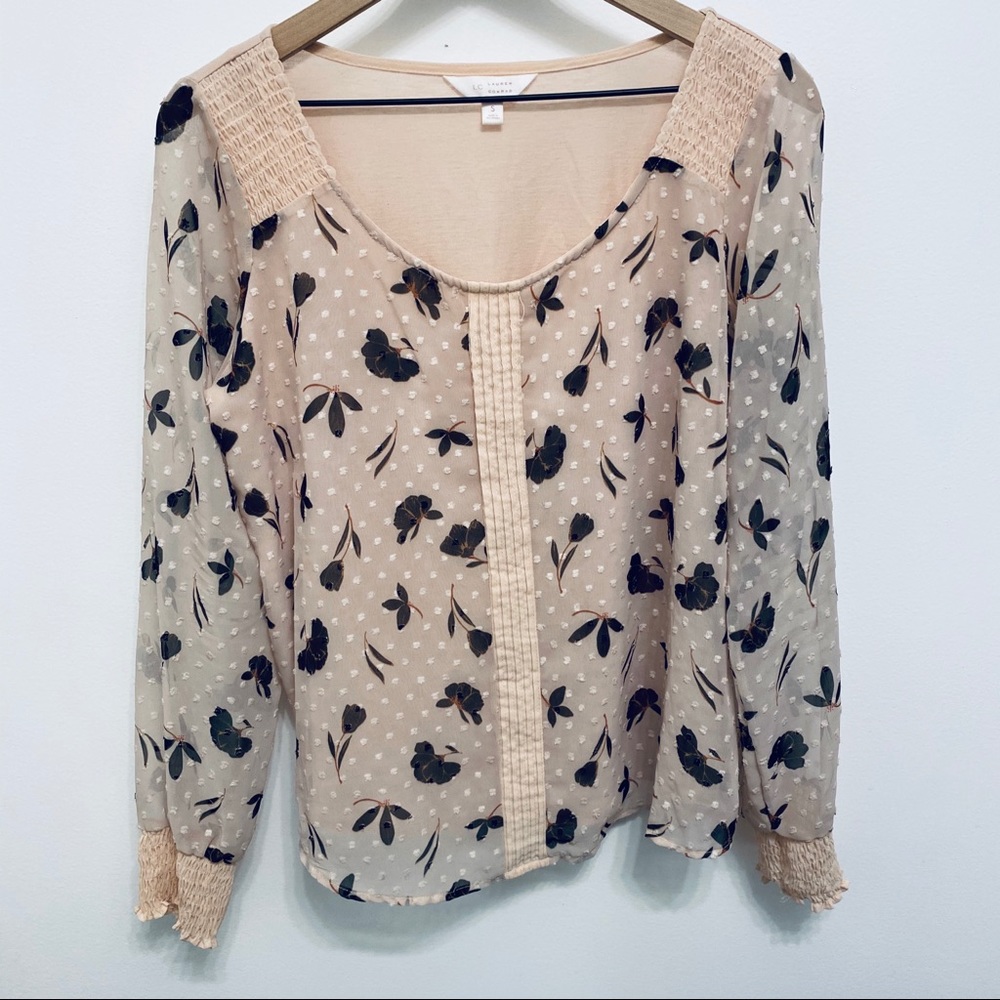 LC Lauren Conrad Pink Floral Swiss Dot Blouse